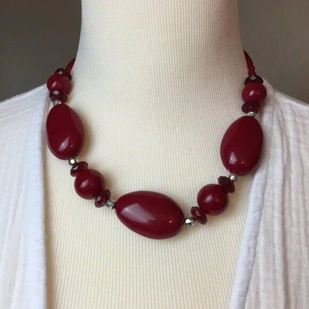 Vintage Red Plastic Chunky Bead Statement Necklace 18 Inch Silver Tone Hardware